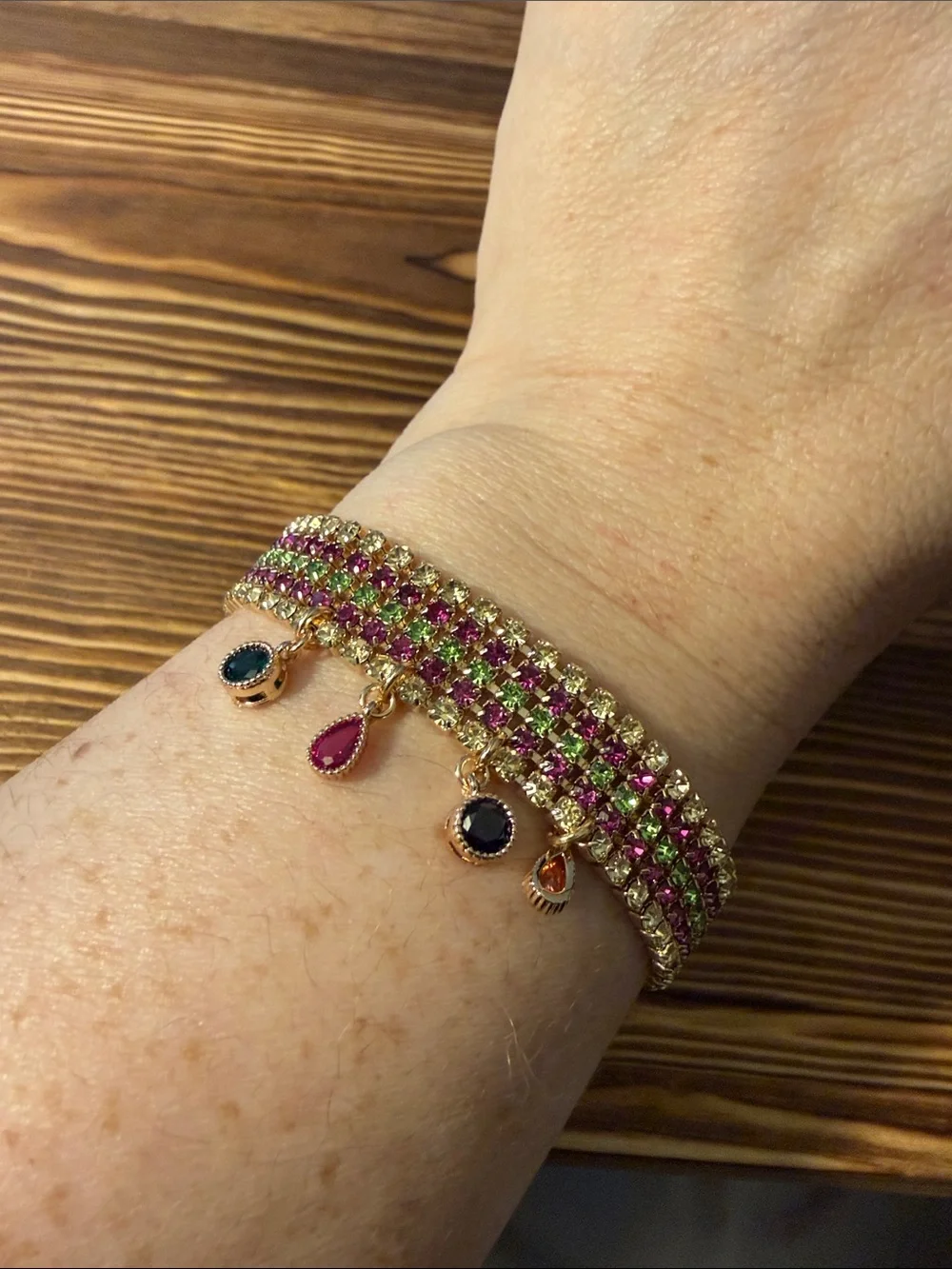 Gold-Tone Pink and Green Multi-Stone Bracelet with Dangle Charms
